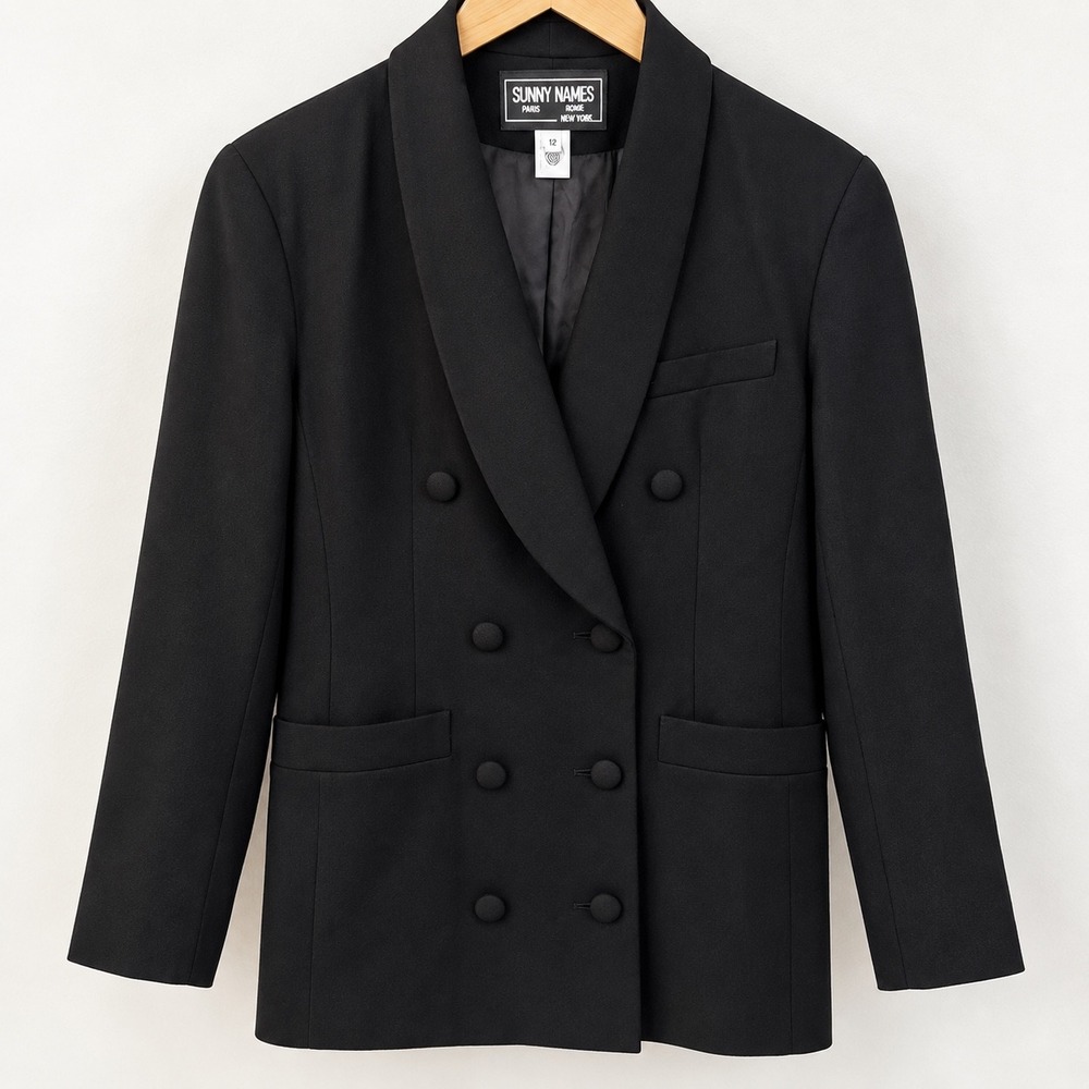 VTG Sunny Names Paris 100% Pure Wool Double Breasted Shawl Blazer Black Size 12